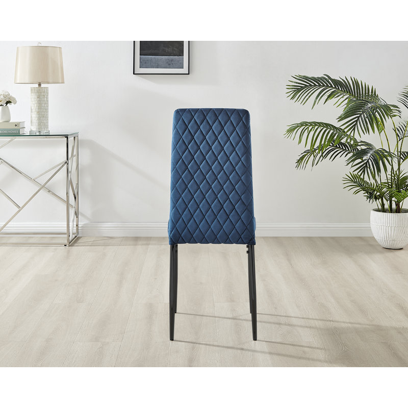 Kylooe Modern Sleigh Style Dining Table Set With 6 Luxury Quilted Velvet Dining Chairs, Brown Wood/Black, Navy/Black