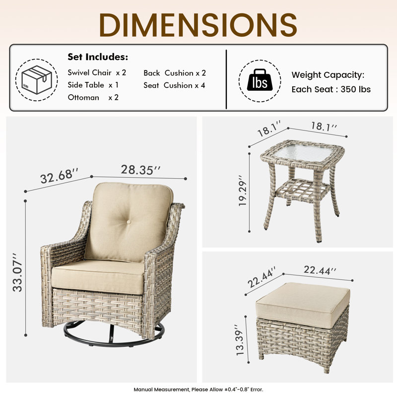 Ensemble de conversation en rotin pour 4 personnes avec chaises berçantes pivotantes, Beige