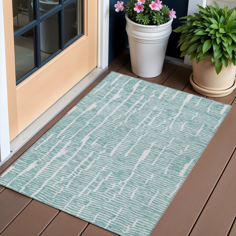 Tapis d'extérieur lavable abstrait bleu sarcelle et ivoire 3 pi x 5 pi