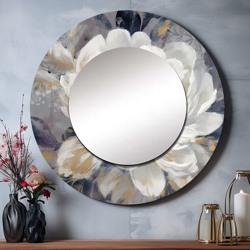«Hallagan Emotion of White Gold Peony Flower I», miroir mural unique et moderne, impression sur métal, 29 po x 29 po