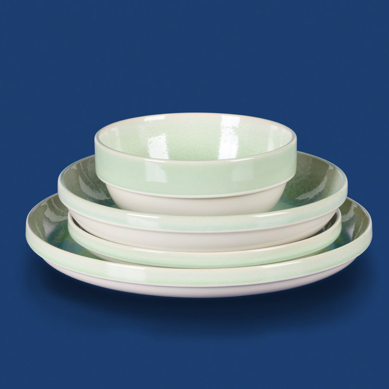 Green Ceramic 16-Piece Glossy Dinnerware Set