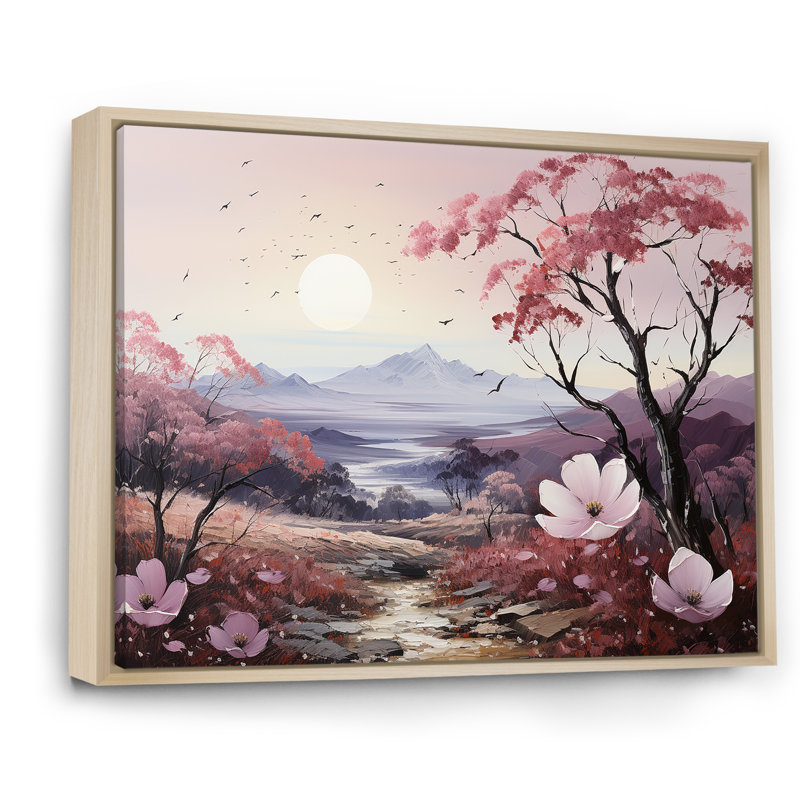 «Pink Trees Blooming In Mountain Charm I», reproduction sur toile, Cadre naturel flottant, H 24 po x l 32 po x P 1 po