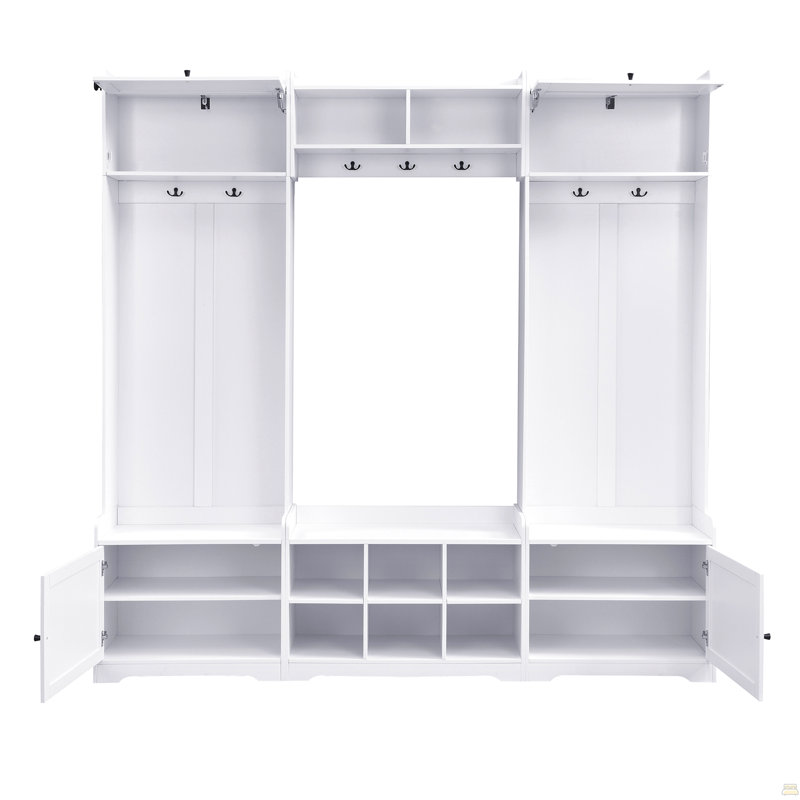 79.1''Wide Modern Hall Tree with Shoe Storage, 4-in-1 Entryway Bench with 8 Cubbies, 7 Coat Hooks & Adjustable Shelf for Hallway, living room, White