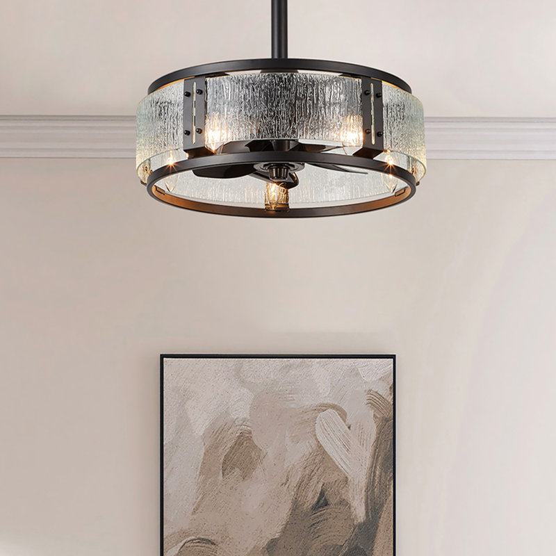 Ventilateur de plafond Caylie 18 po moderne à cage en verre ondulé avec lumières et télécommande, 6 vitesses, réversible, pour chambre à coucher