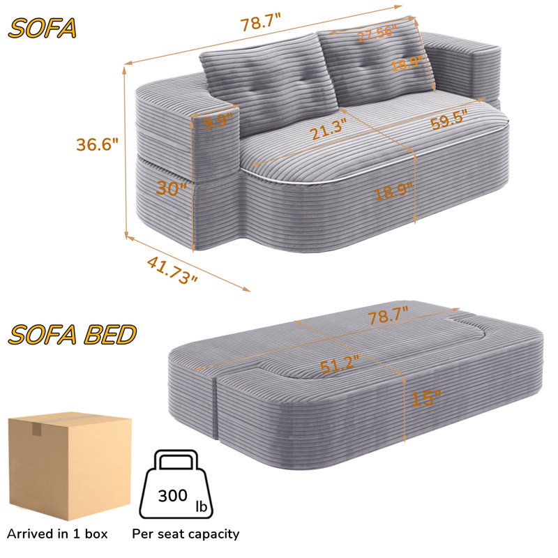 Canapé-lit pliable 2-en-1 Boneless de 79 pouces, canapé en velours côtelé moelleux avec couverture convertible, canapé-lit multifonctionnel à assise profonde, conception peu encombrante pour le salon et le bureau
