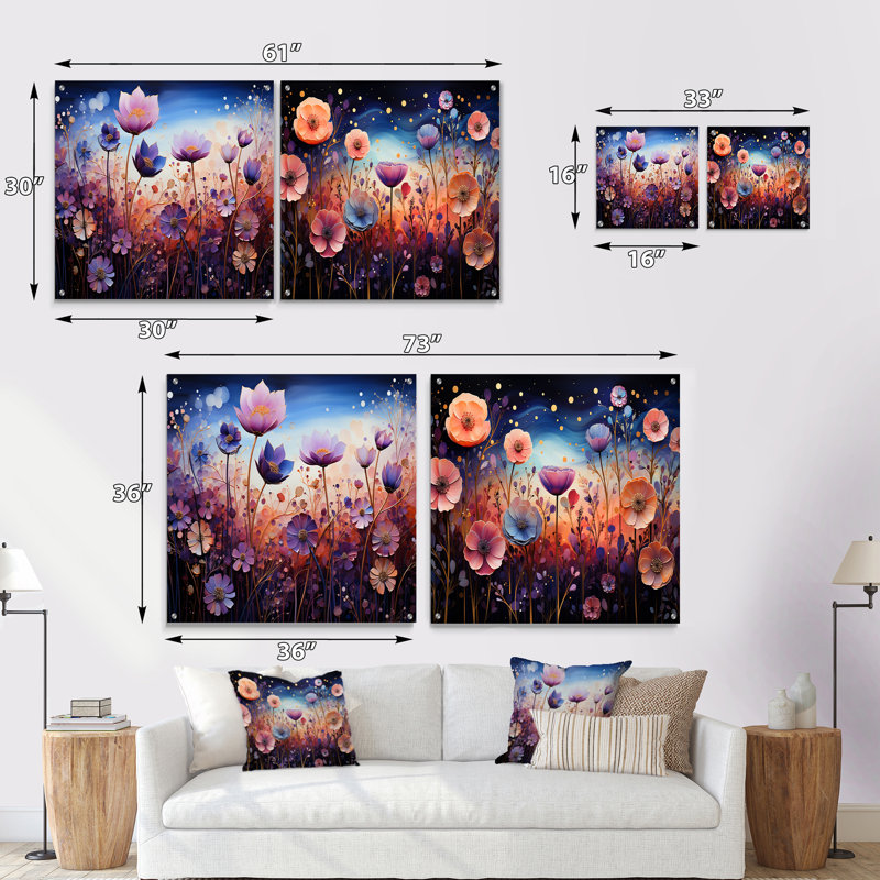 «Blue Enchanted Gardens I» - ensemble de 2 verres muraux abstraits en acrylique, H 16 po x l 33 po
