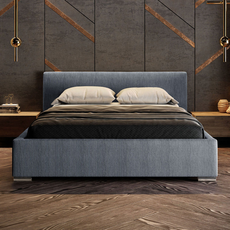 Upholstered Panel Bed Jacqualynn, Blue, 140 x 200cm