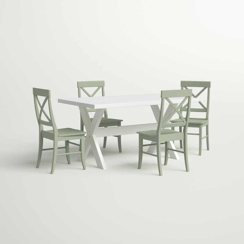 Ensemble de salle à manger en bois d'hévéa massif pour 4 personnes Rivy, Blanc / menthe