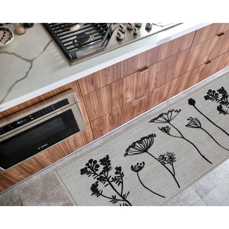 Wildflowers Long Runner Kitchen Mat, Gray/Black