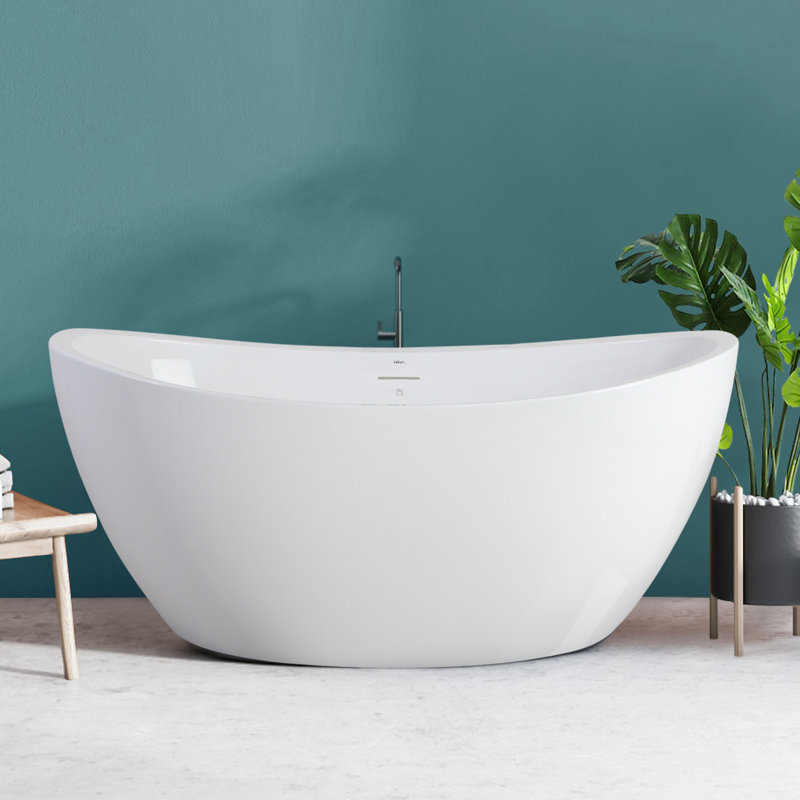 Naha Freestanding Soaking Acrylic Bathtub with Drain, Brushed Nickel, 25.4" H x 31.1" W x 59.4" L