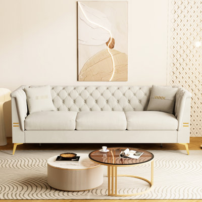 3 Seat Velvet In Cream White, Mid - Century Modern Look, High Density Foam, Gold Finished Metal Accents Style, Details