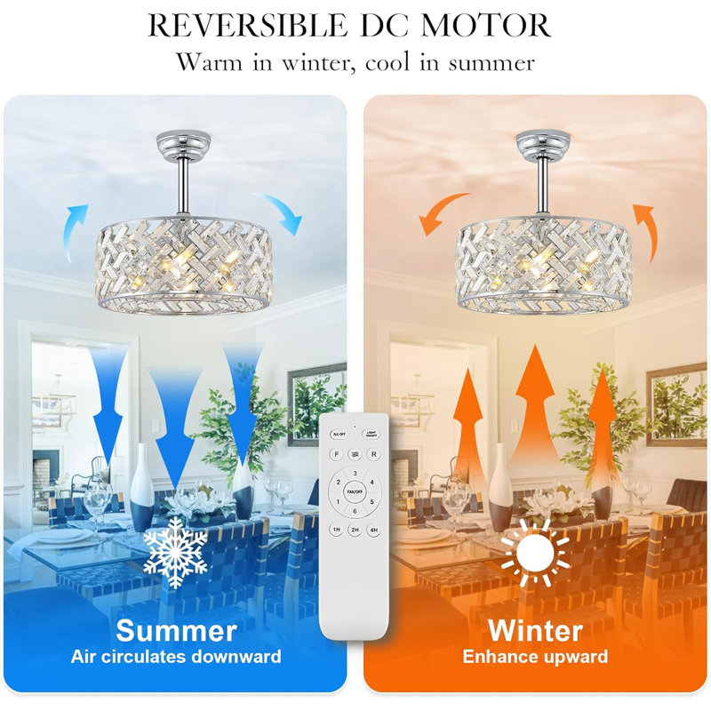 Chrome Crystal Caged Ceiling Fans With Light, 18" Bladeless Ceiling Fan With Remote Control, 6 Speed Enclosed Ceiling Fan With Reversible Motor For Bedroom Kitchen Living Room
