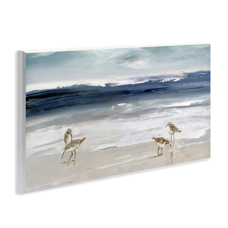 Sandpipers Grazing Sea Shore Blue and Beige Wood Wall Art