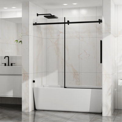 60" W X 58" H Bathtub Sliding Shower Door, 1/4"  6Mm  Thick Tempered Clear Glass, High - Quality Steel Frame, Smooth Quiet Sliding, Waterproof Seal, Matte Black Door With Proof Coating, Stainless