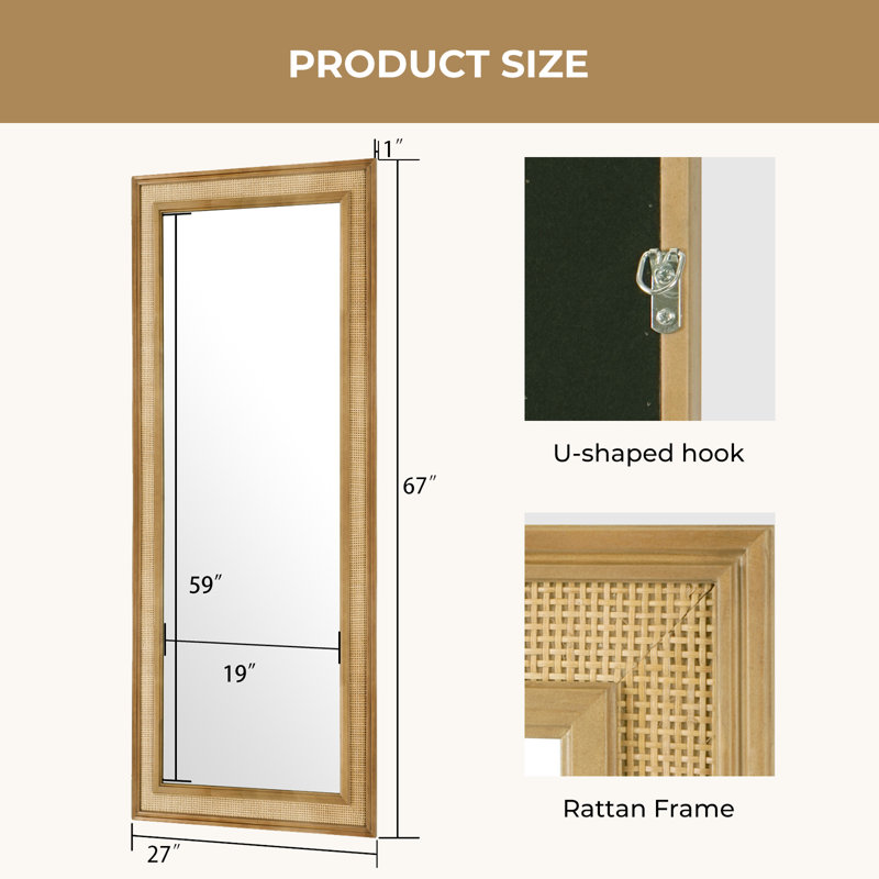 Rectangle Rattan Wood Frame Mirror with Tempered Glass, 67" x 27"
