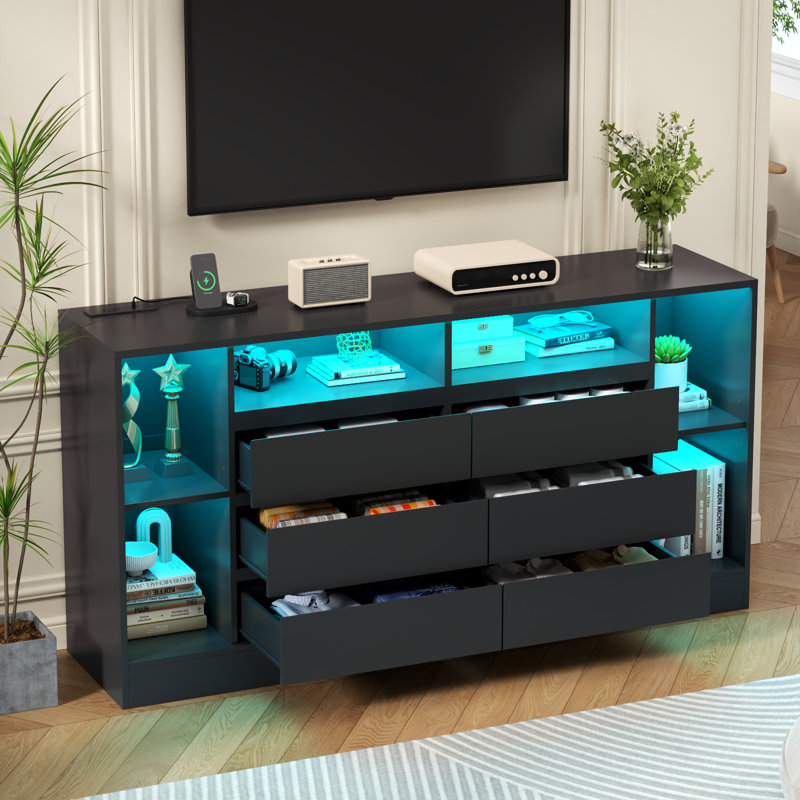Commode 6 tiroirs avec 6 casiers de rangement ouverts, commodes à DEL et commodes avec prise de courant, commode longue de 55 po pour la chambre à coucher, meuble télé moderne avec tablette ouverte pour le salon