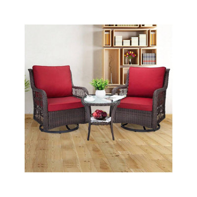 Ensemble de patio à bascule pivotant en osier 3 pièces, chaise berçante pivotante à 360 degrés Ensemble bistro élégant avec table d'appoint en verre trempé