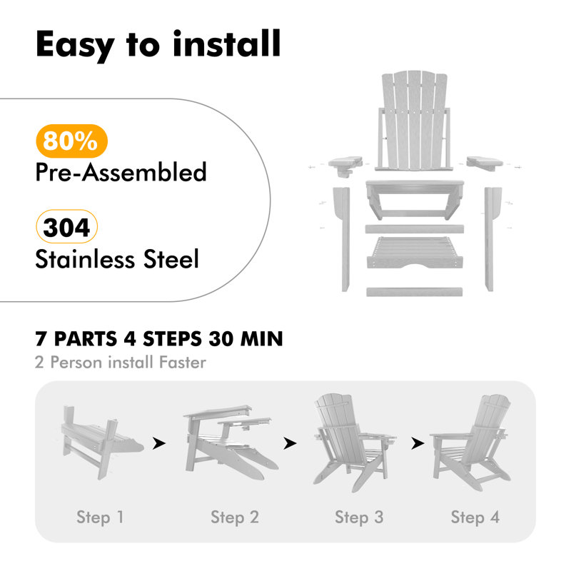 Chaise Adirondack pliante avec repose-pieds Azariyah, Blanc