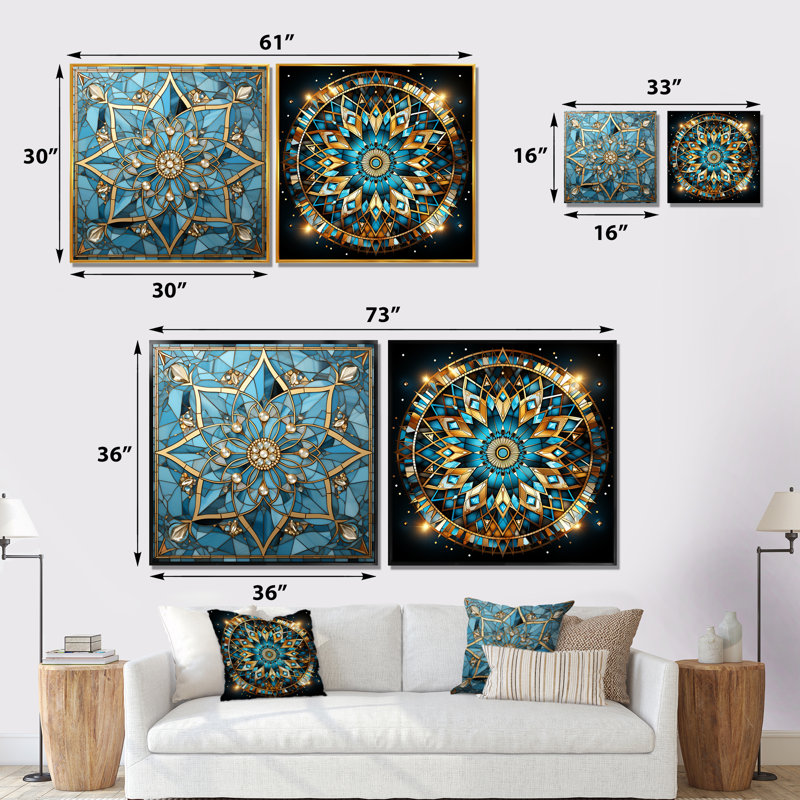 Ensemble de 2 impressions sur toile bleu et or, Toile tendue, H 36 po x l 73 po x P 1,5 po