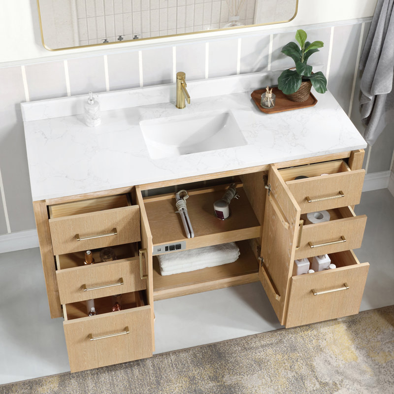 Meuble-lavabo simple 60 po avec plateau en pierre composite Cloverfield, Or, Gris cendré délavé
