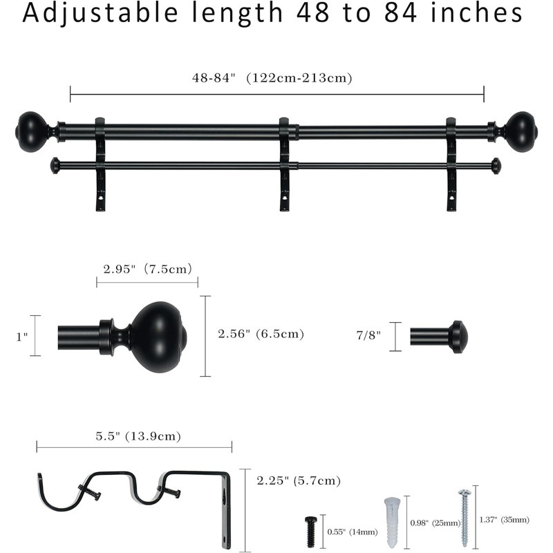 Tringle à rideaux double Nicarete, Noir, noir, noir, noir, 48” – 84”