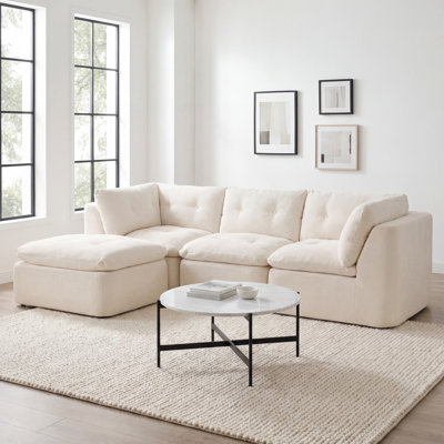 Compression Cloud-style Living Room Sofa,double Spring Deep Seat Convertible L-shaped Frame-free Sofa With Ottoman,beige