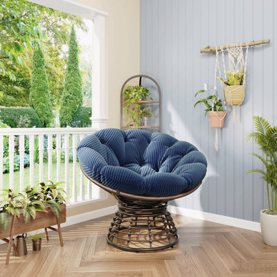 Comfortable Ergonomic Wicker Papasan Chair, 360° Swivel Indoor Outdoor Rattan Chair With Soft Thick Cushion, Ideal For Living Room, Bedroom, Reading Room, Brown Frame With Navy Blue Cushion