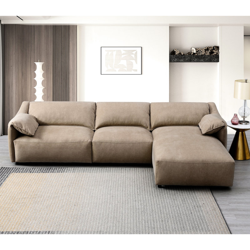 Canapé modulaire en forme de L Vety, accoudoirs, cuir nubuck brun clair