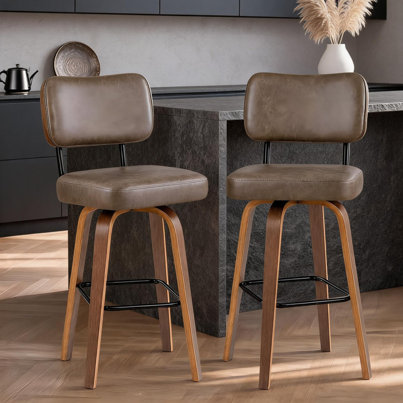 Tabourets de bar pivotants de 66 cm (26 po), avec dossier et pieds en bois courbé, Brun, 2