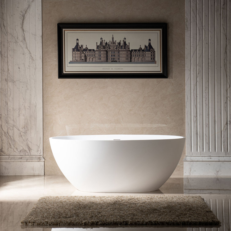 59" Freestanding Solid Surface Stone Resin Bathtub with Overflow,2 Drain Covers