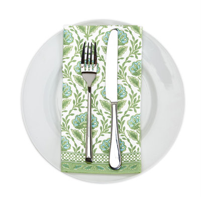 Set of 4 Floral Pattern Cotton Napkins, 20 x 20 Inch, Green