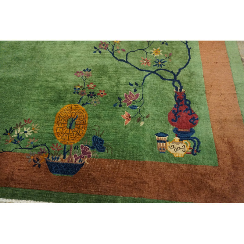 Vibrant Green Antique Floral Dragon Design Chinese Art Deco Rug