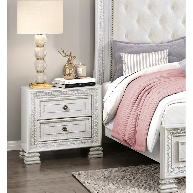 Table de chevet de chambre à coucher blanche avec fond en placage et 2 tiroirs perle antique