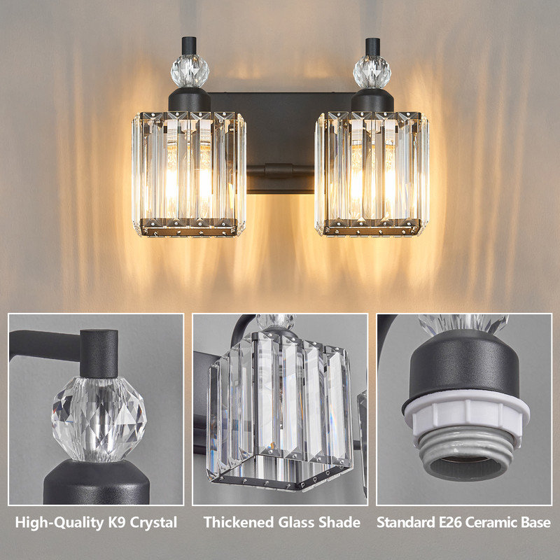 2-Light Black Modern Bathroom Vanity Light Crystal Fixture for Over Mirror, Black, 2 Lights