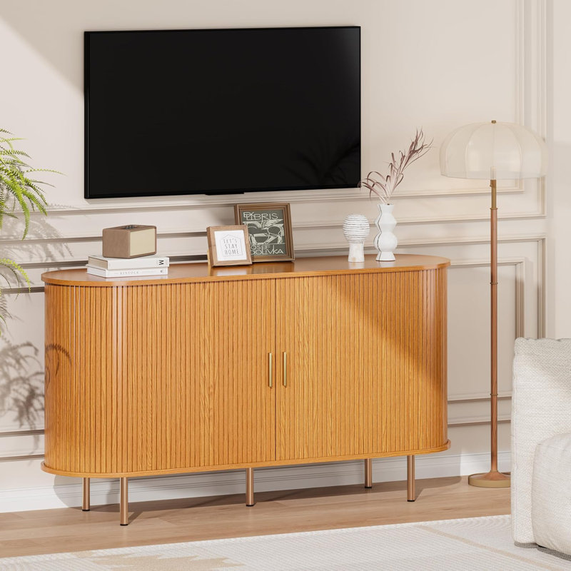 Buffet 55 "Mid-Century avec portes coulissantes Tambour, armoire à café ovale avec tablette réglable, Jaune noyer