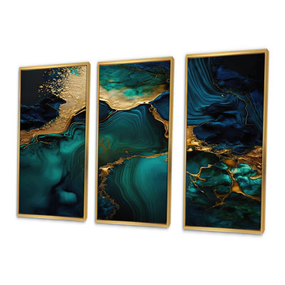 Géode abstraite, marbre vert et or - reproduction sur toile 3 pièces