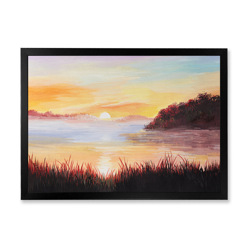 Sur le lac avec les roseaux - Peinture sur toile, H 12 po x l 20 po x p 1 po, Cadre noir