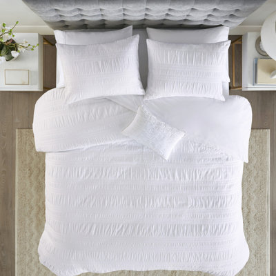 White Cotton Seersucker Bedding - King/ King 4 Piece Ornamental Textured Duvet Cover