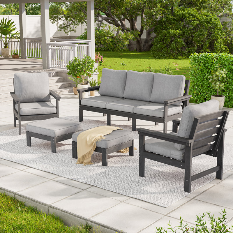 5 PCS Heavy-Duty HIPS Outdoor Sofa Set with Ergonomic Design & 3-in-1 Ottoman, Patio Furniture Set with Fade Resistant and Thickened Cushions for Patio, Yard, Garden