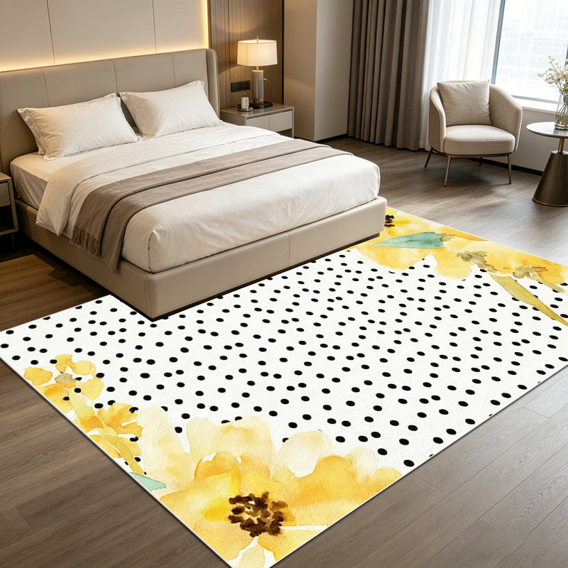 1PC Black Polka Dot Watercolor Yellow Sunflower area rugs for Living Room, Soft, All seasons, Easy-maintain, Washable Indoor mat, Farmhouse suitable for Dining Room, Bedroom, Kitchen, Entryway, Home Office, Patio, Porch, Home Decor, Outdoor Decor.