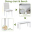 6 tables de salle à manger blanches avec banc en bois massif et chaises rectangulaires, 4 chaises, 6 sièges, blanc, matériaux