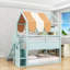 Lit mezzanine double avec auvent, glissade, tablettes, garde-corps et escalier de rangement-462528491