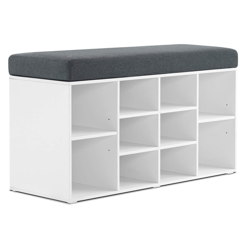 Ivinta White Shoe Storage Bench with Gray Cushion and 10 Cubbies