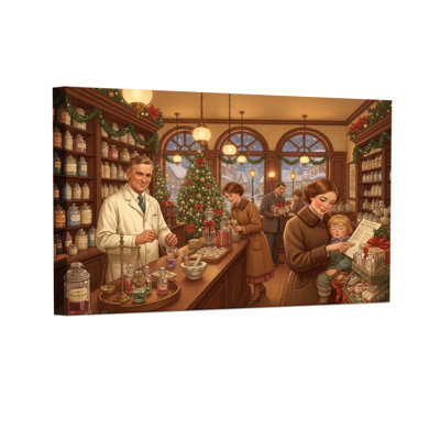 Christmas Vintage Pharmacy Christmas Scene With People Set of 3 Canvas Wall Art Prints