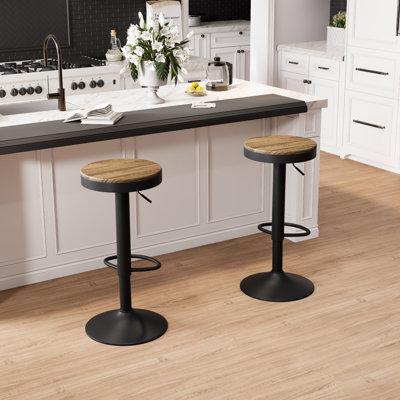 Swivel Solid Wood Bar Stools, Adjustable Height Backless Counter Stools for Kitchen Island, Industrial Rustic Stool Set with Footrest