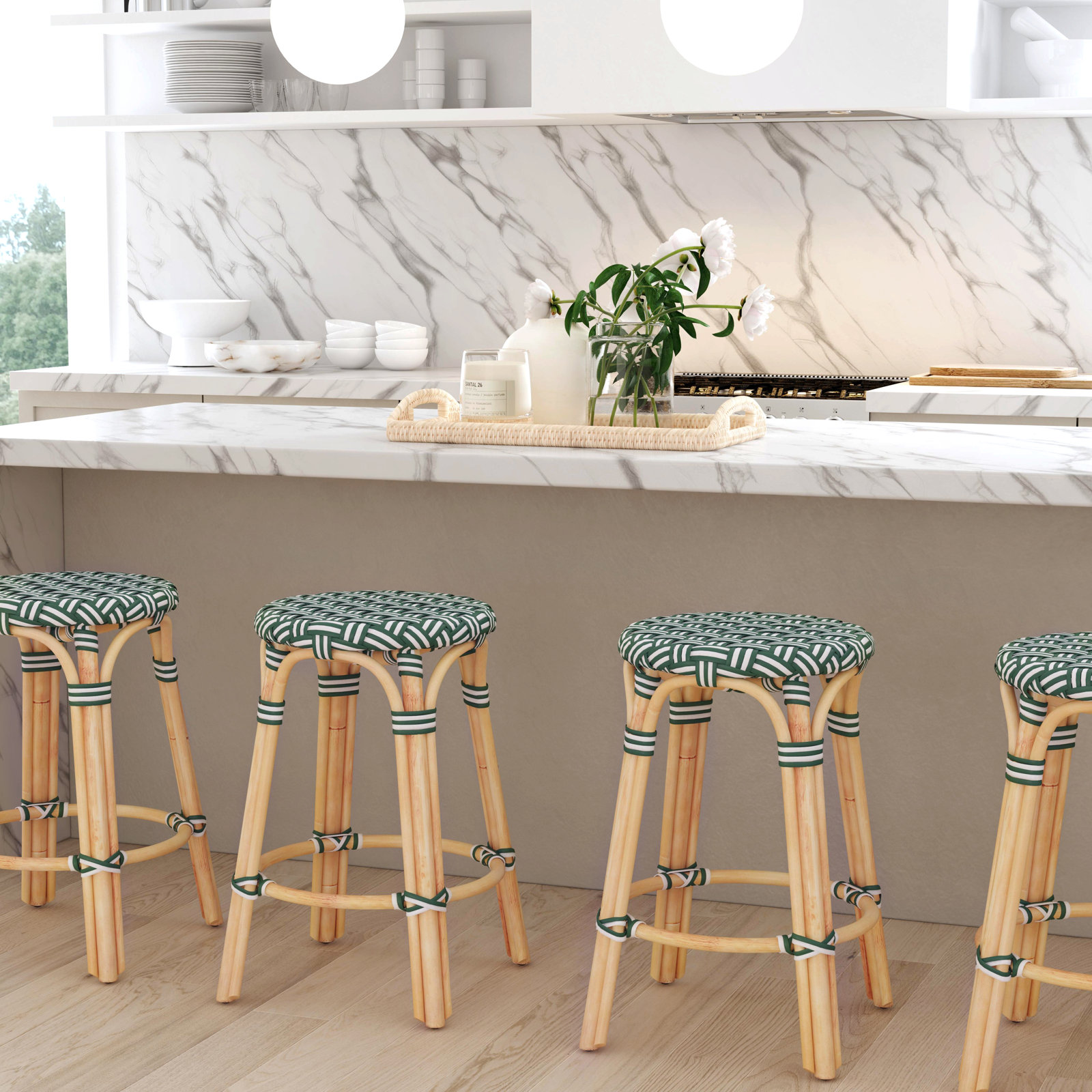 Alastair Bar and Counter Stool, Counter Stool (24" Seat Height), Green/White Narrow Stripe