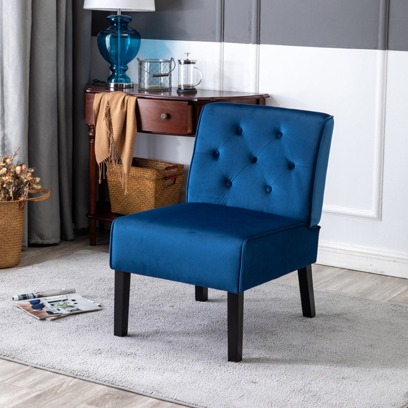 Living Room Armless Button Tufted Pattern Accent Chair with Velvet Fabric, Dark Blue, 2