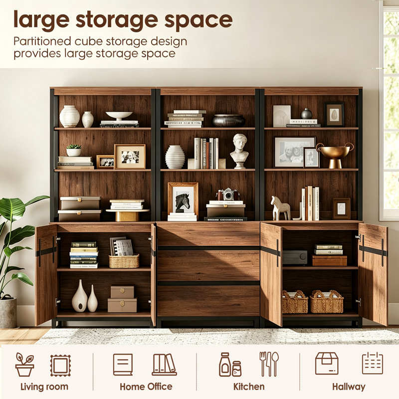 Aadam 3 PCS Modern 72" Tall Bookcase With 3 Drawers And Adjustable Shelves, Library Book Shelf With Storage Cabinet And Open Shelving, Wood Freestanding Bookshelves For Home Office, Living Room