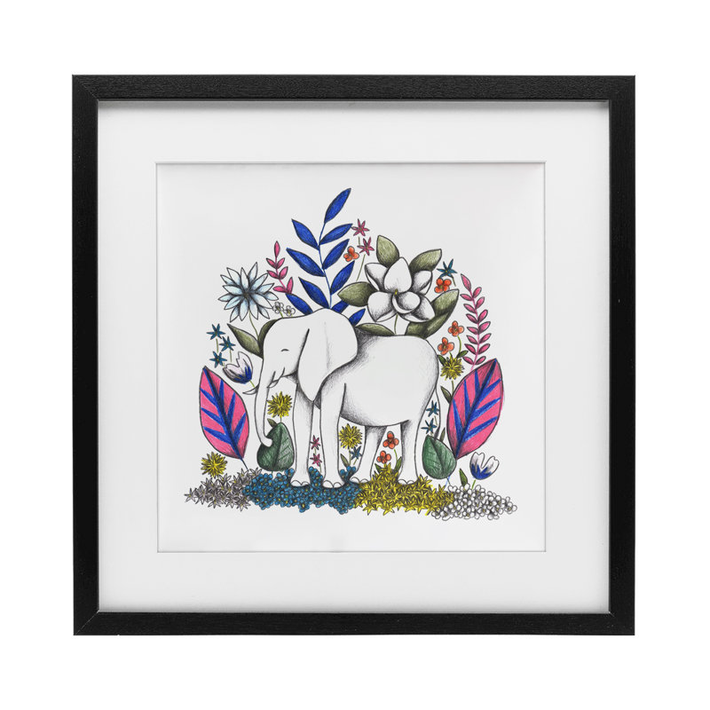 Éléphant au milieu de fleurs, reproduction encadrée sous verre, conception de Cecilia Battaini, H 13 po x l 13 po
