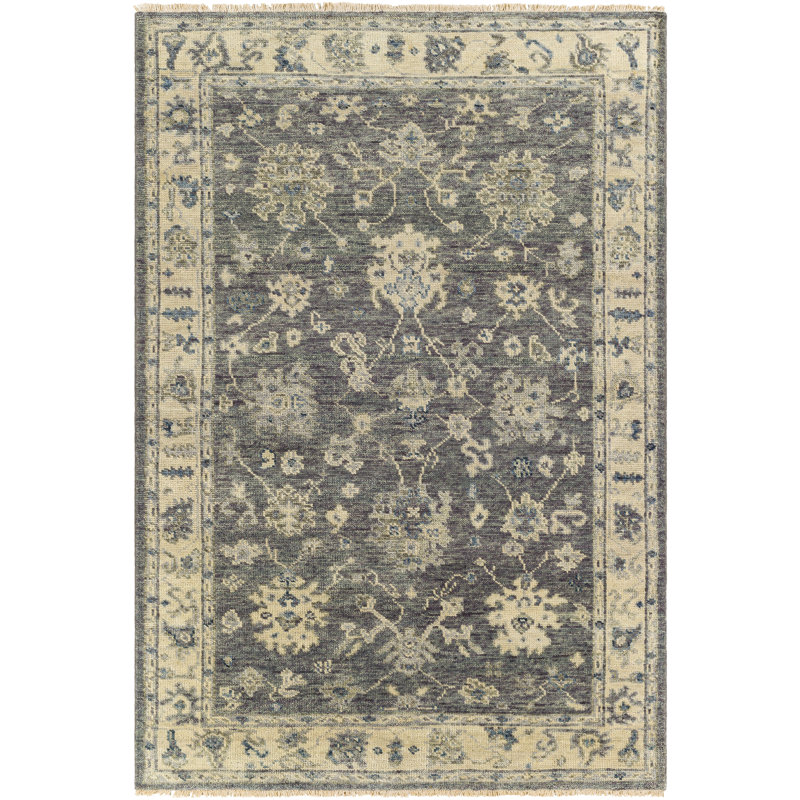 Airlia Oriental Hand-Knotted Wool Charcoal/Blue/Yellow Area Rug, Rectangle 6' x 9'